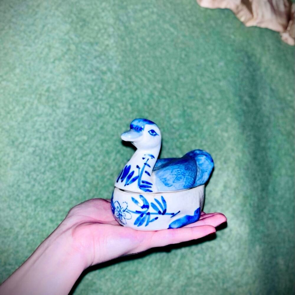 Vtg MCM 2pc Lidded Porcelain Chinoserie Duck Candle Box
